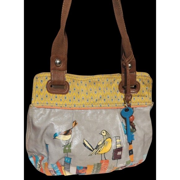 Fossil Coated Canvas Key-Per Bird Shoulder Bag Brown Canvas Handles W/Fossil Key - Picture 1 of 12